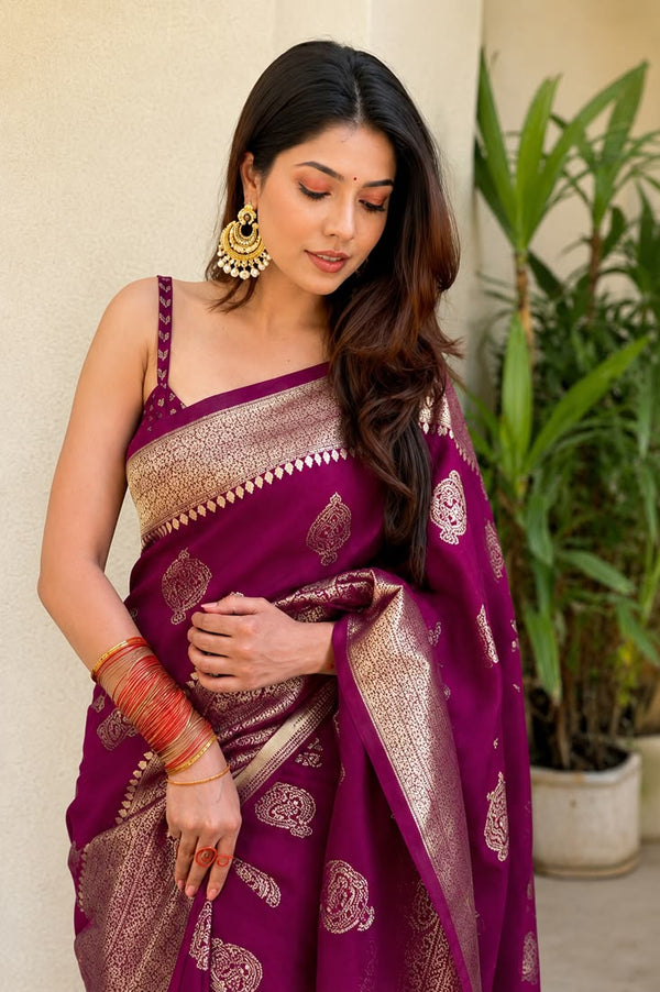 Magenta Pink Zari Butti Banarasi Silk Saree