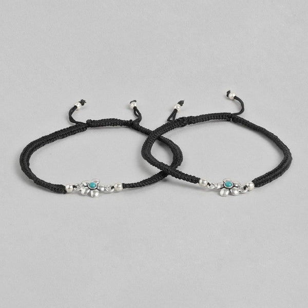 Floral Blue Rhodium Plated 925 Sterling Silver Thread Anklet